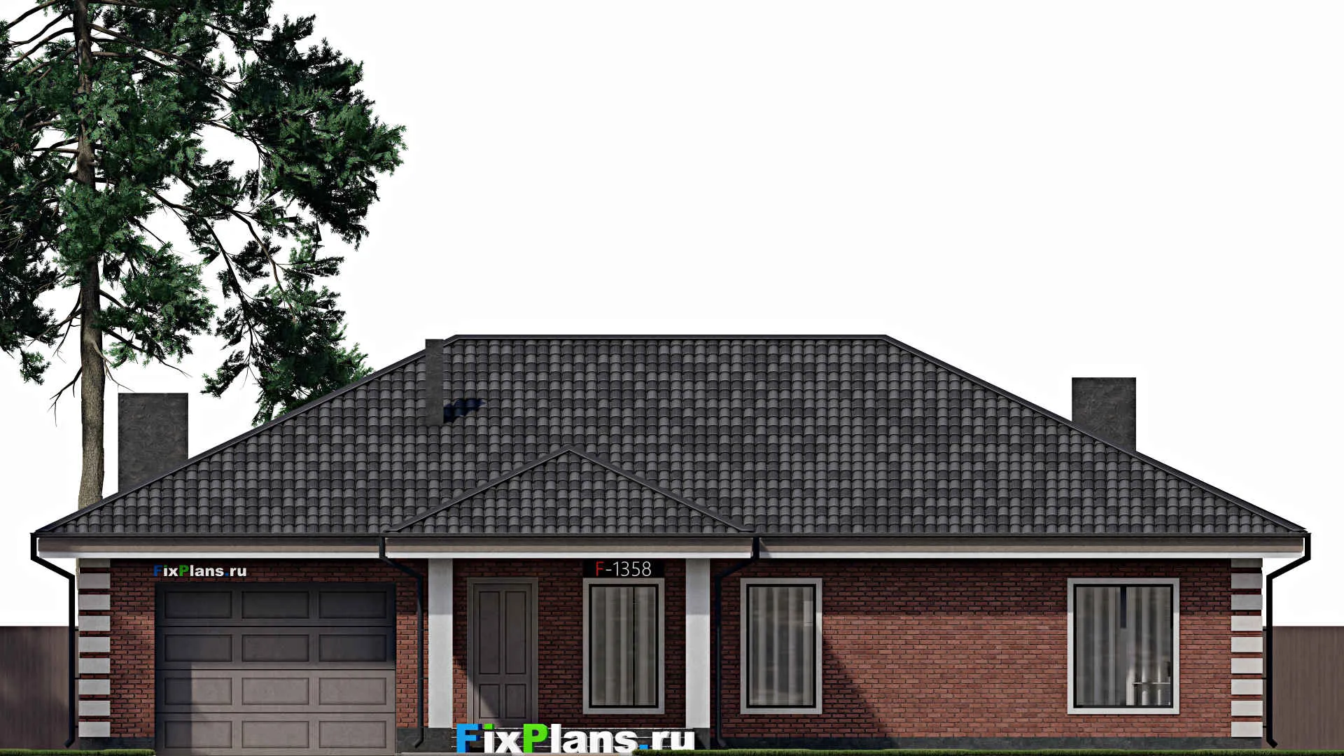 F-1358 - План одноэтажного дома 13 на 20, площадью 240 м² с террасой, гаражом на 1 машину и 2 спальнями