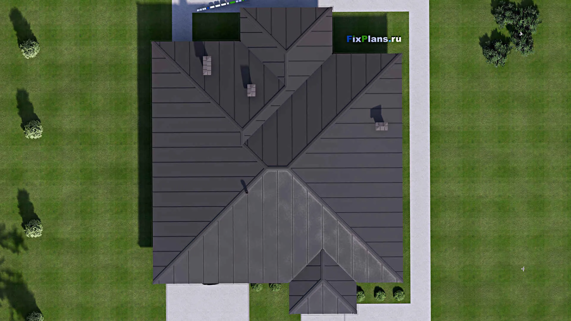 F-13958 - Проект одноэтажного дома 17 на 21, площадью 210 м² с террасой, гаражом на 2 машины и 3 спальнями