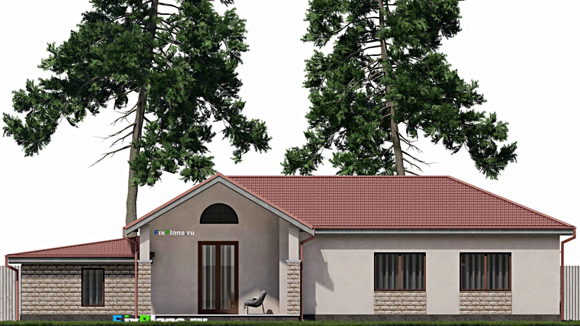 F-0539i - Проект одноэтажного дома 14 на 21, площадью 200 м² с террасой, гаражом на 1 машину и 3 спальнями