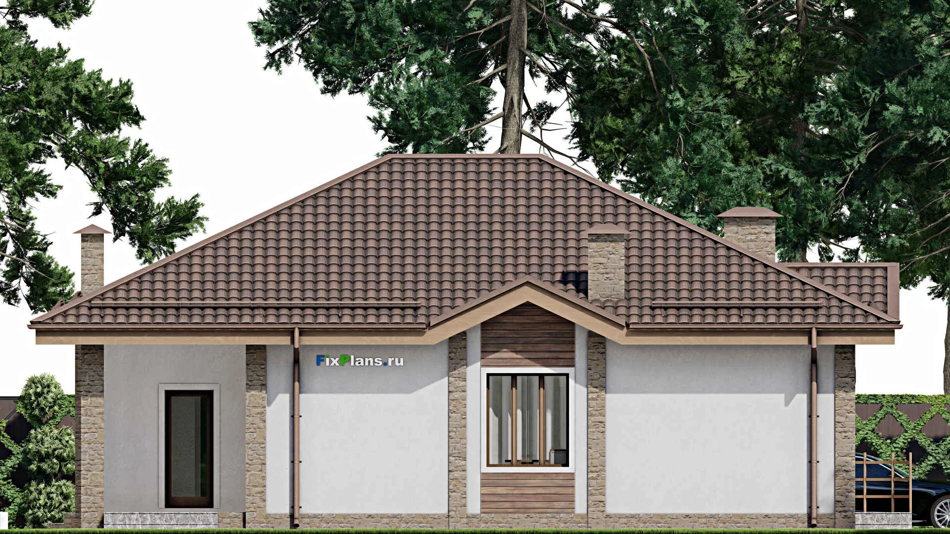 F-10151 - Проект одноэтажного дома 11 на 15, площадью 130 м² с террасой, баней и 3 спальнями