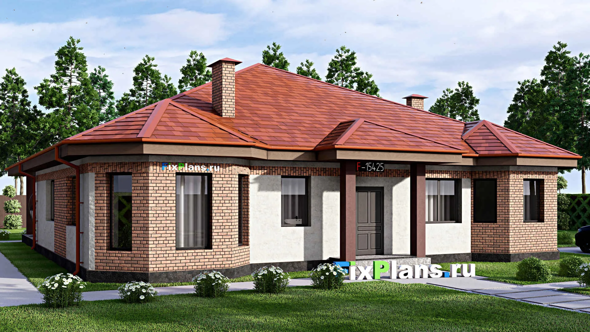 F-15425 - Проект одноэтажного дома 17 на 21, площадью 280 м² с террасой, баней, бассейном и 2 спальнями