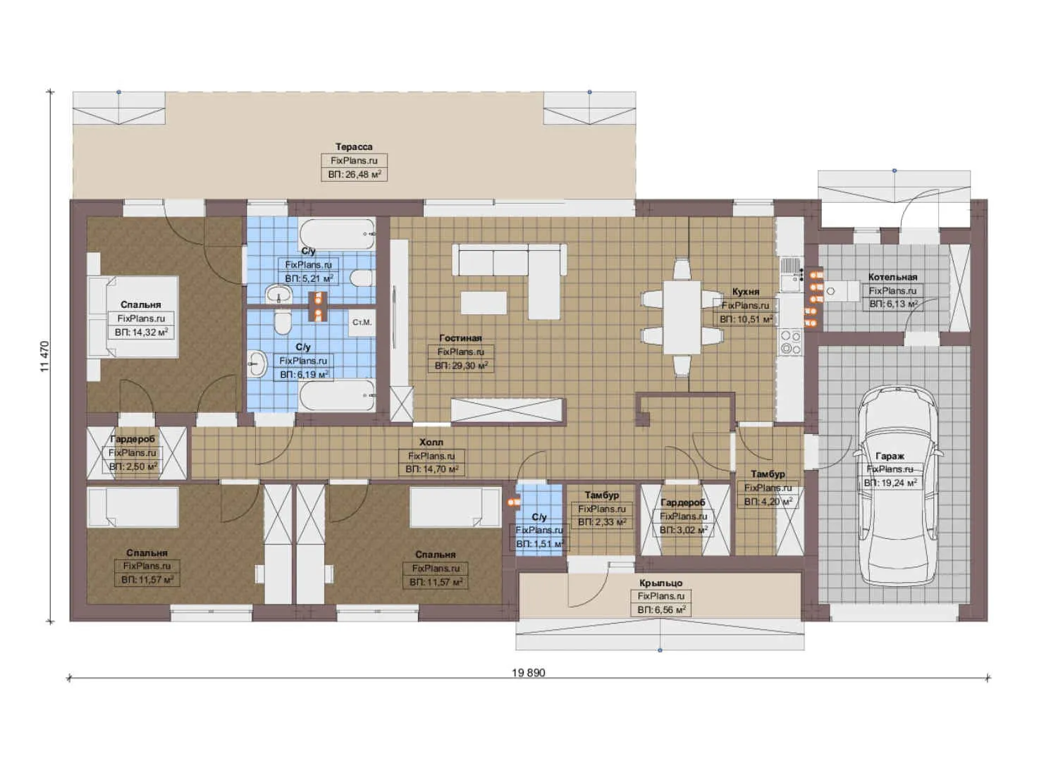 F-16091 - План одноэтажного дома 12 на 20, площадью 180 м² с террасой, гаражом на 1 машину и 3 спальнями