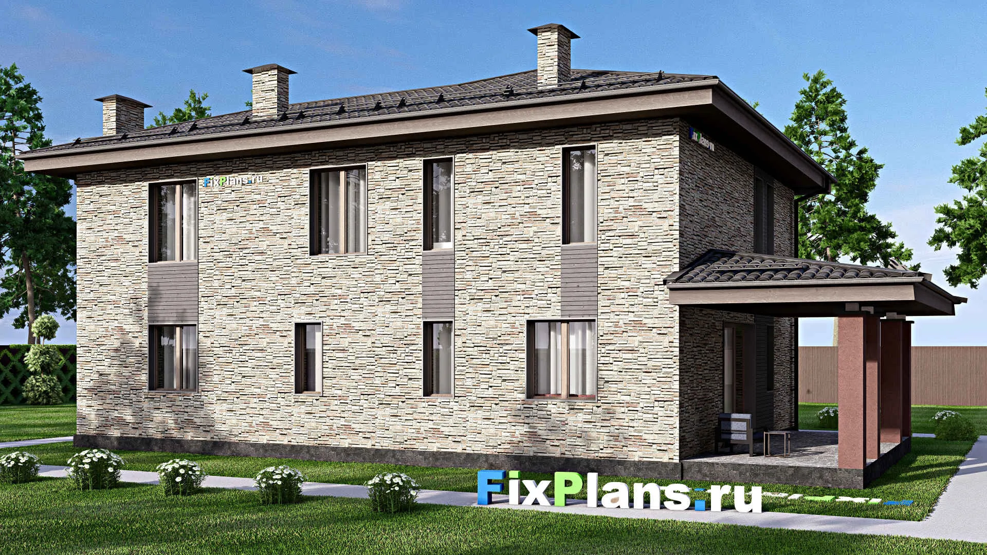 F-12491 - Планы двухэтажного дома 12 на 18, площадью 260 м² с террасой, балконом, гаражом на 1 машину и 3 спальнями