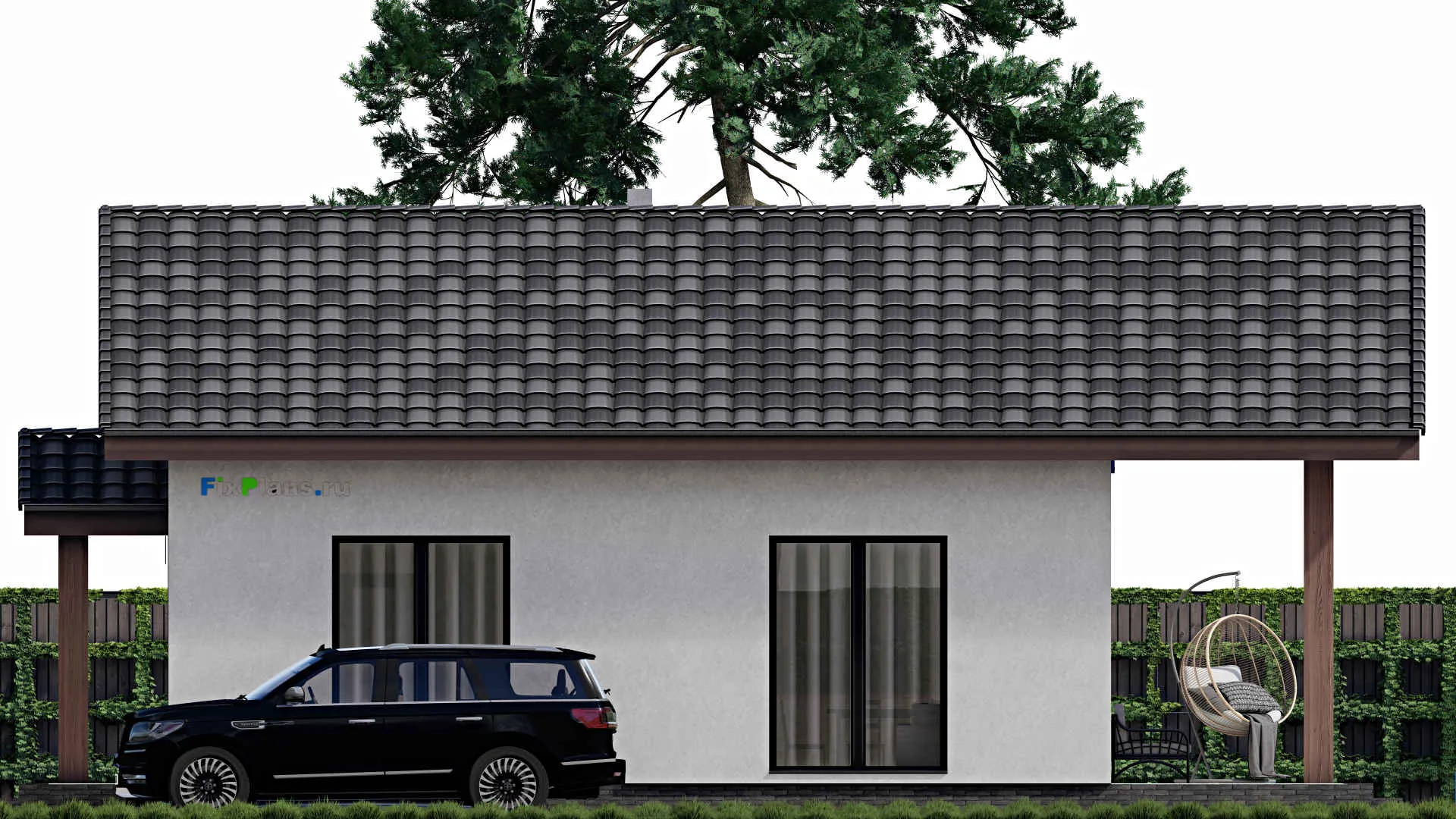 F-1016 - Проект одноэтажного дома 9 на 10, площадью 90 м² с террасой и 1 спальнями