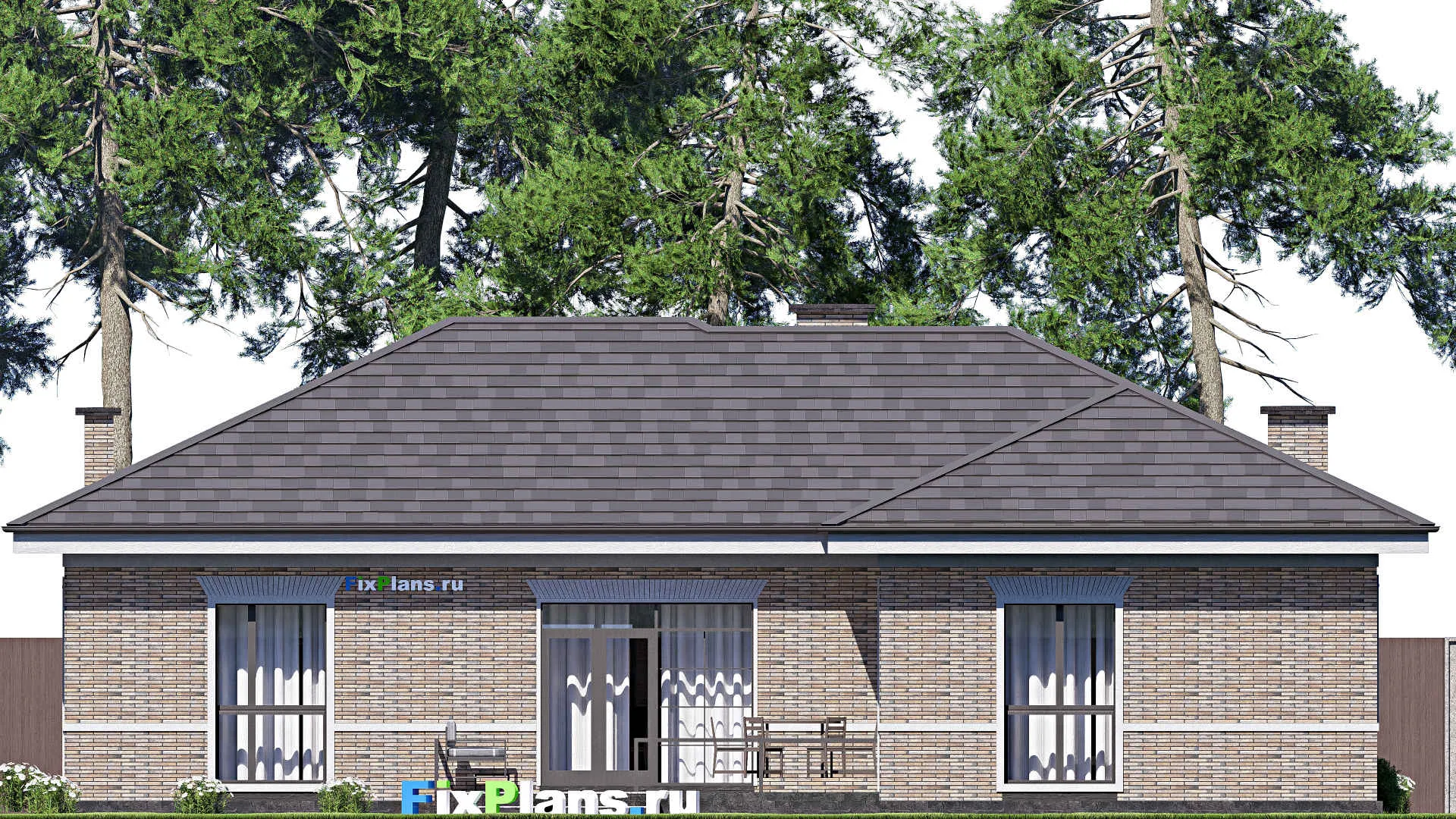 F-19619 - Проект одноэтажного дома 17 на 19, площадью 200 м² с террасой и 3 спальнями