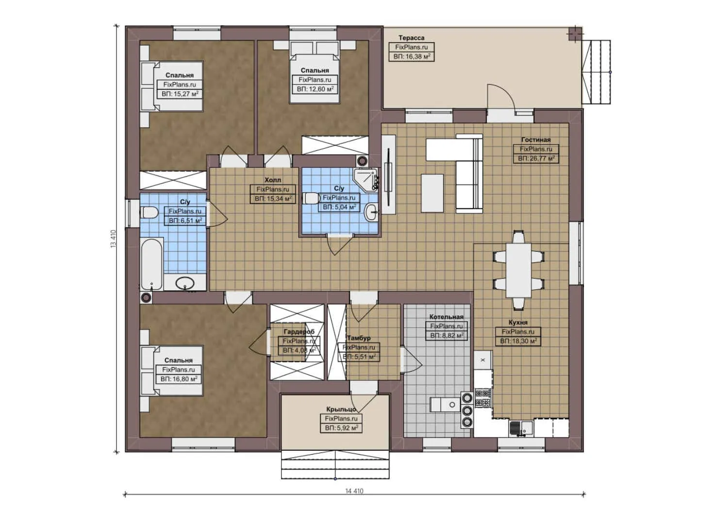 F-3518 - План одноэтажного дома 14 на 15, площадью 160 м² с террасой и 3 спальнями
