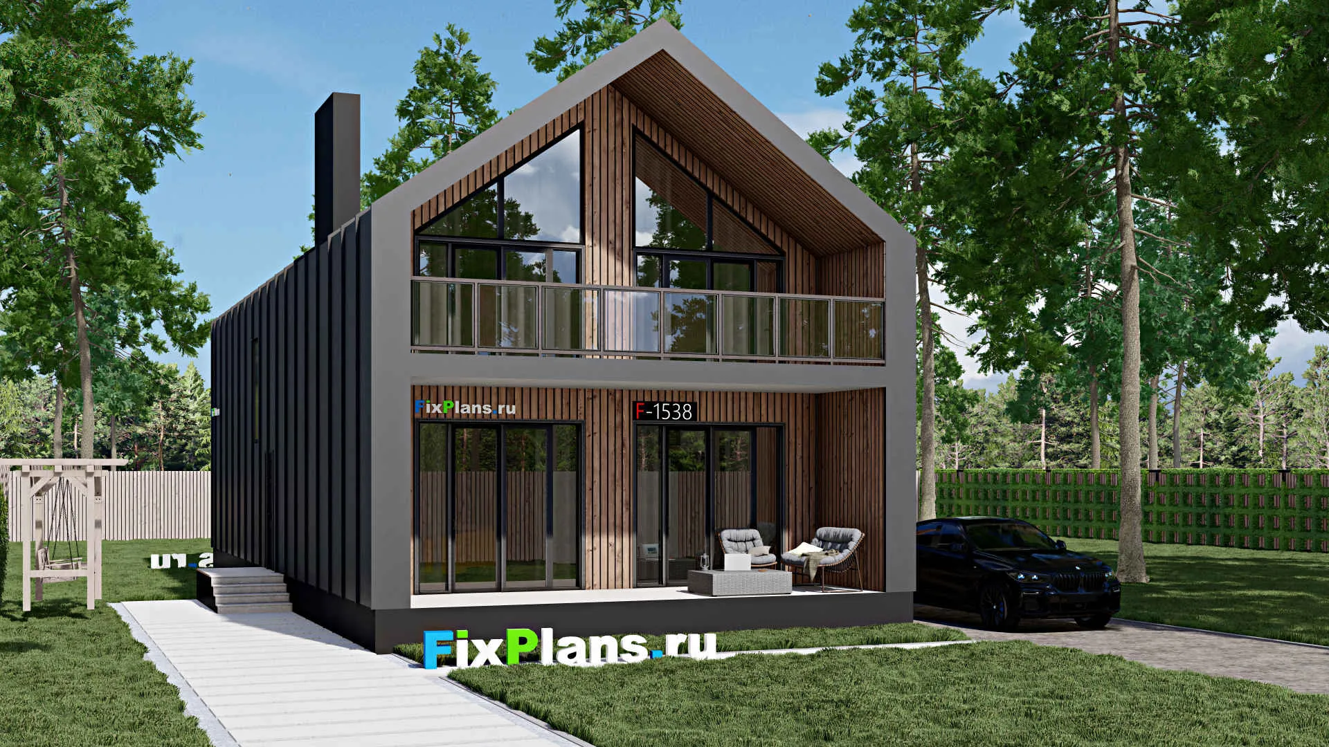 F-1538 - Проект дома с мансардой 8 на 18, площадью 230 м² с террасой, балконом и 4 спальнями