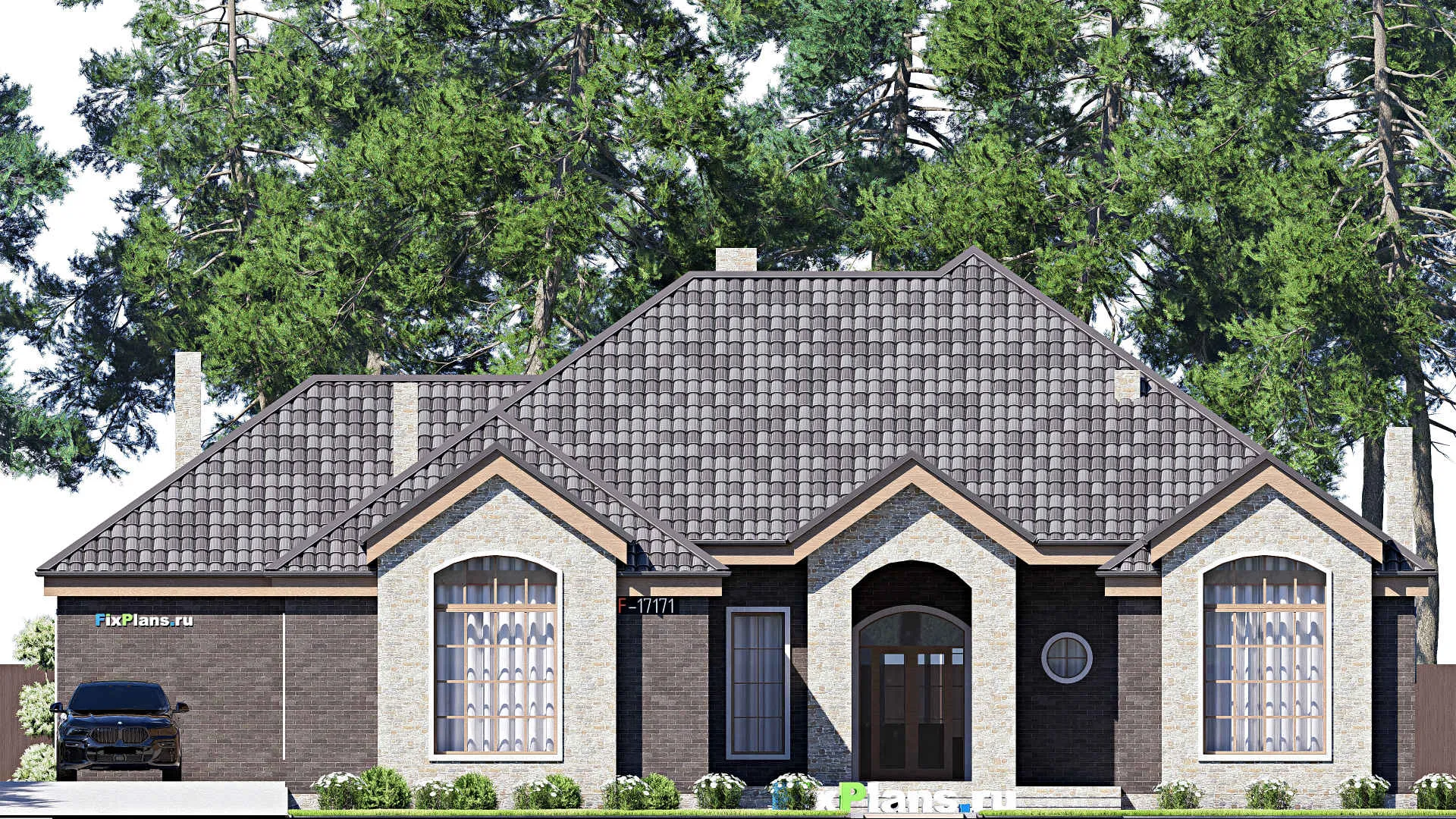 F-17171 - Проект одноэтажного дома 21 на 22, площадью 300 м² с террасой, гаражом на 2 машины и 5 спальнями